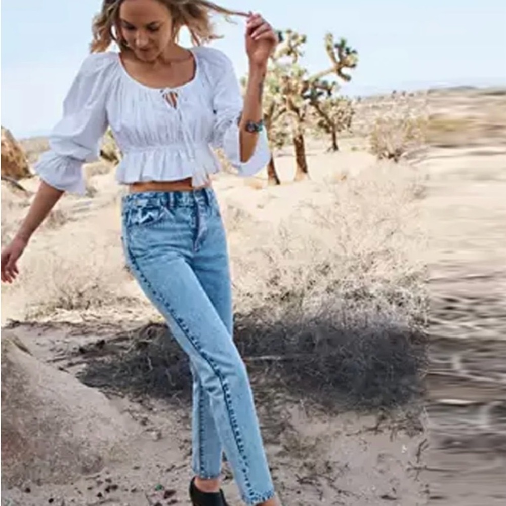Happy X Nature Kate Hudson White Peasant Cotton Blouse Cropped Top Size Small - Picture 3 of 6